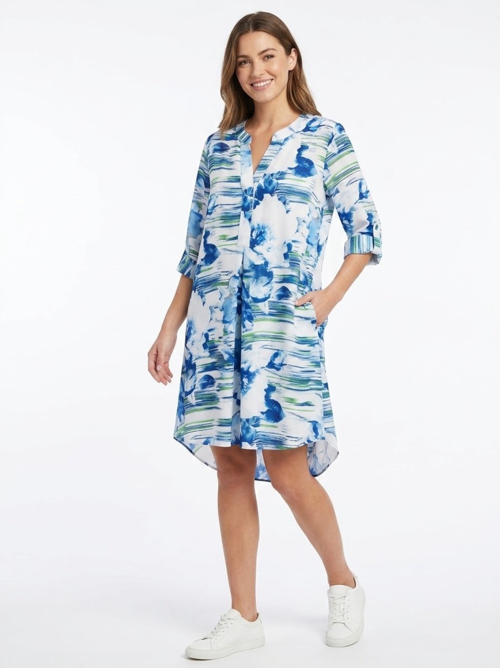 Valerie Stevens NWOT Quarter Button Floral Tunic Dress Elbow Sleeve No Stretch